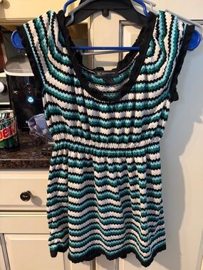 INC International Concepts Teal Black White Chevron Knit Tunic